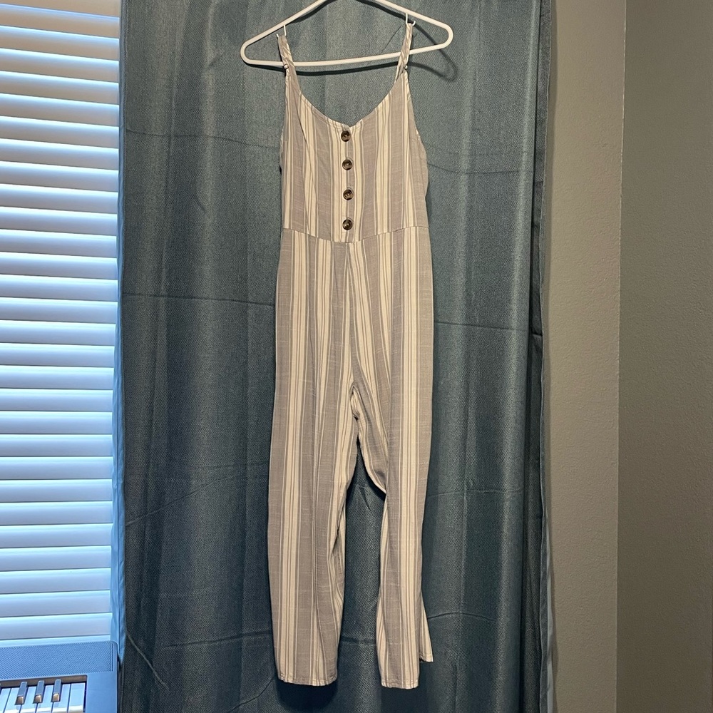 blue and white striped jumpsuit